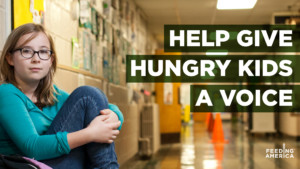 Photo of child with text overlay Help Give Hungry Kids A Voice