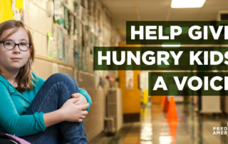 Photo of child with text overlay Help Give Hungry Kids A Voice