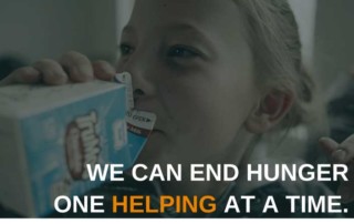 Text reads: We Can End Hunger One Helping At A Time. Photo of child drinking milk.
