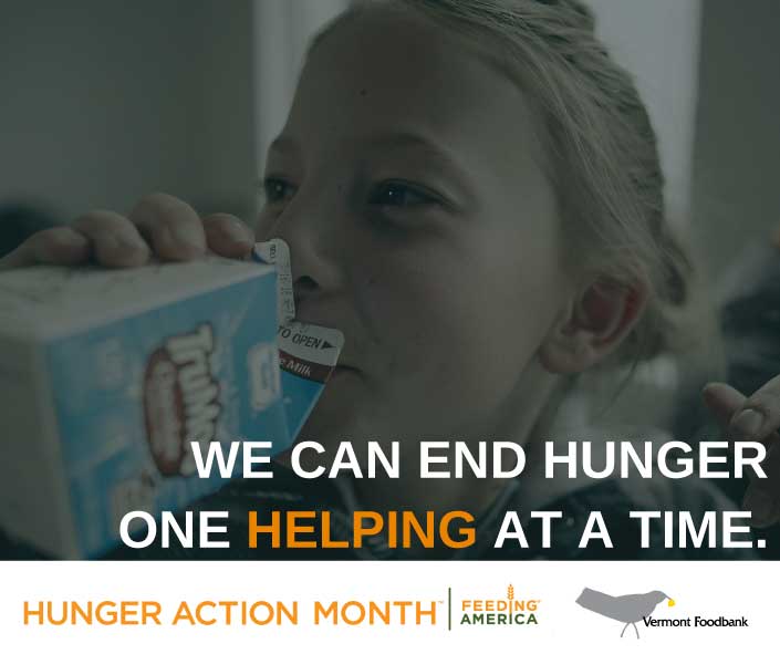 Text reads: We Can End Hunger One Helping At A Time. Photo of child drinking milk.