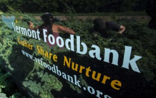 Reflection of Foodbank logo and gleaner in field.