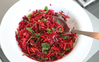 Photo of prepared beet and carrot slaw