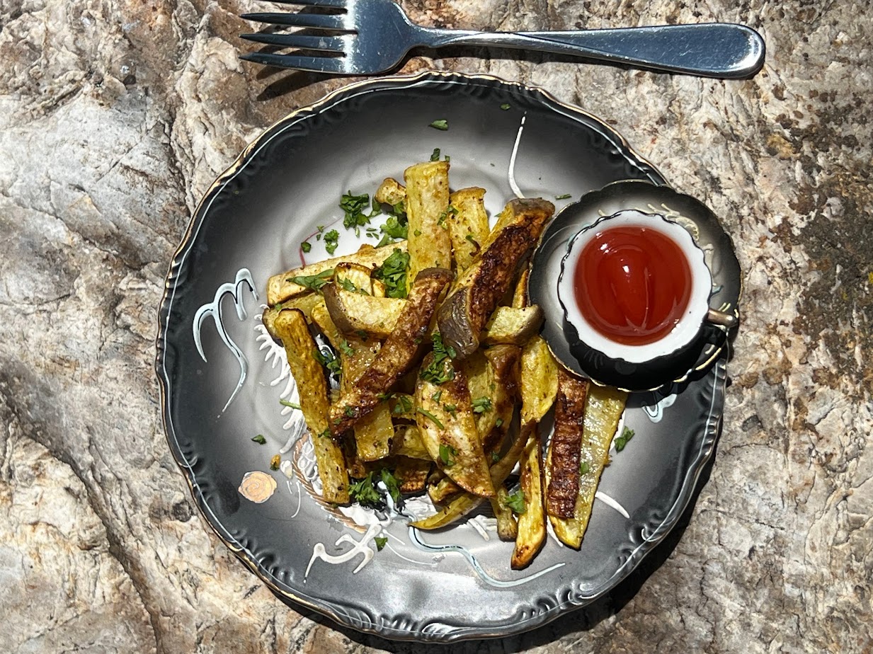 Photo of Rutabaga Fries on plate with side of ketchup