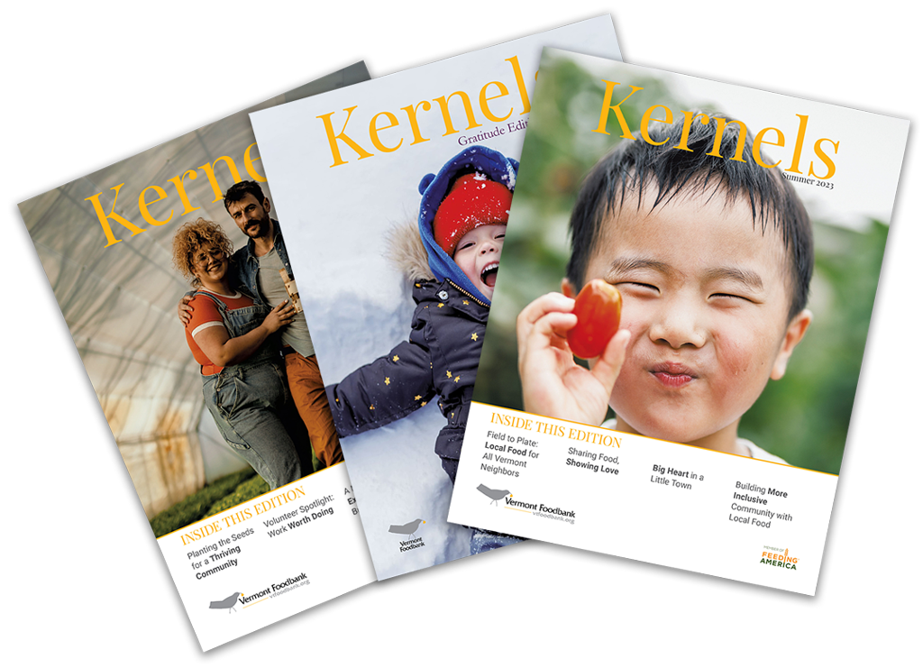 Image of 3 covers of Kernels splayed out, the top cover features a young boy holding up a tomato. Our quarterly newsletter features stories, Foodbank news, forecasts and more.