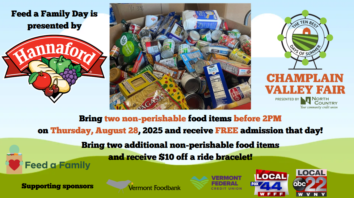 Promotional flyer for Feed a Family Day at the Champlain Valley Fair.