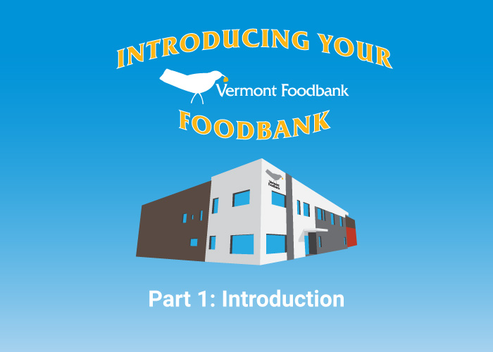 Cartoon-style image of Vermont Foodbank's Barre distribution center with the words Introducing Your Foodbank on it.