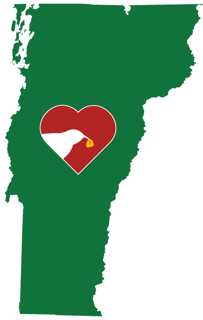 Vermont map with heart and Vermont Foodbank bird logo.