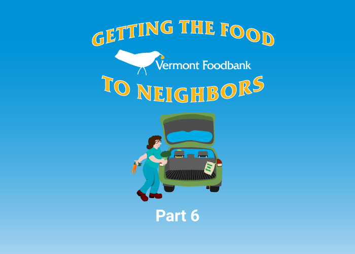 Cartoon image with the title "Getting The Food To Neighbors" and a drawing of a person loading vegetables into a car.