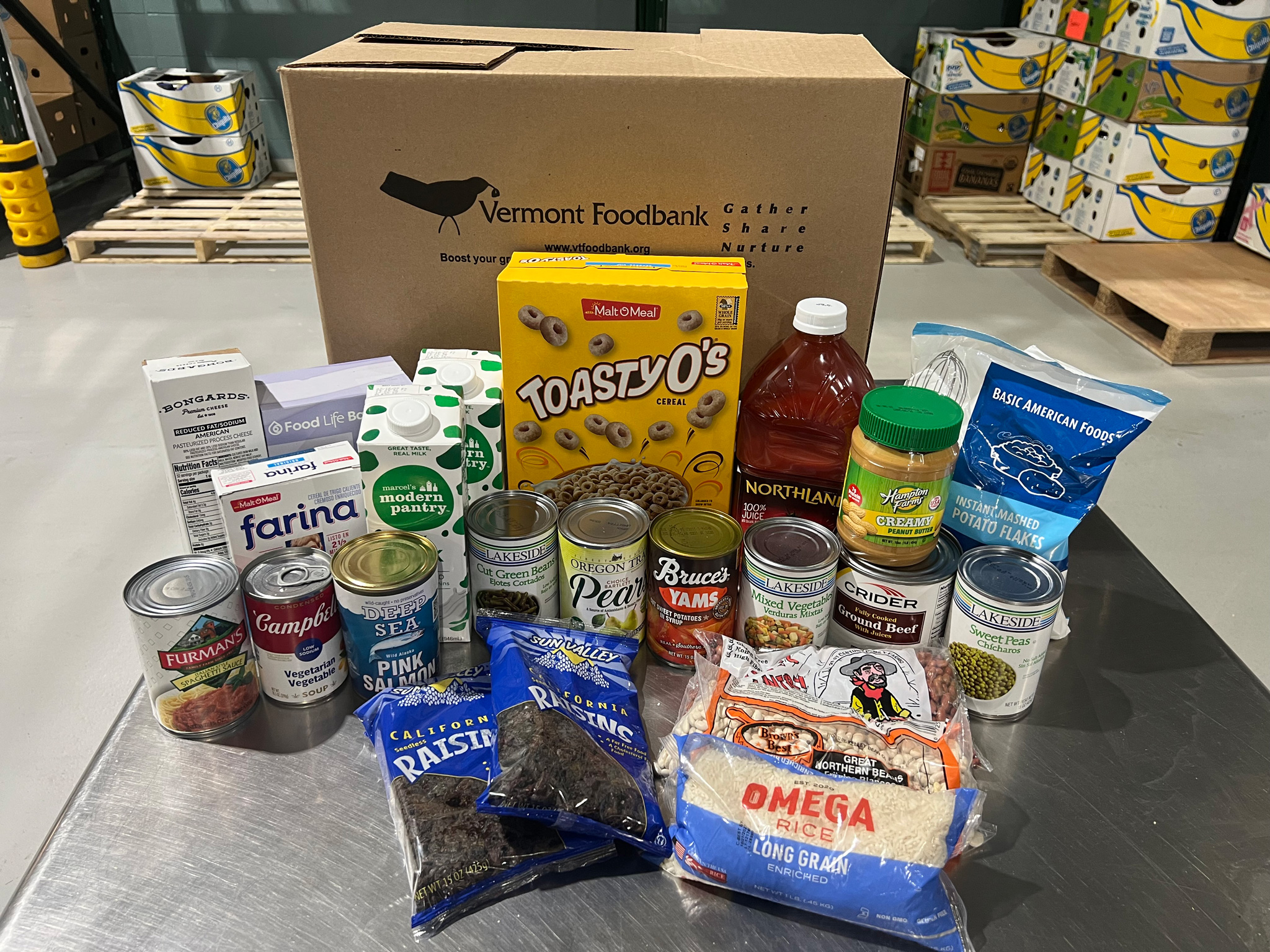 CSFP boxes are delivered monthly and include approximately 25 - 30 pounds of USDA shelf-stable foods.