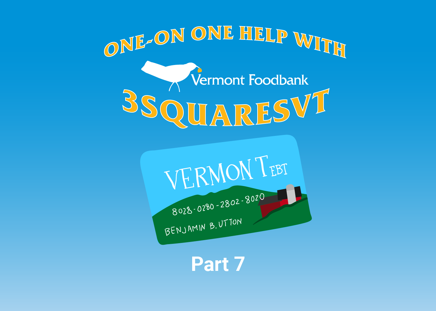 A title that reads One-on-One Help with 3SquaresVT surrounding a Vermont Foodbank logo and a cartoon drawing of an EBT card.