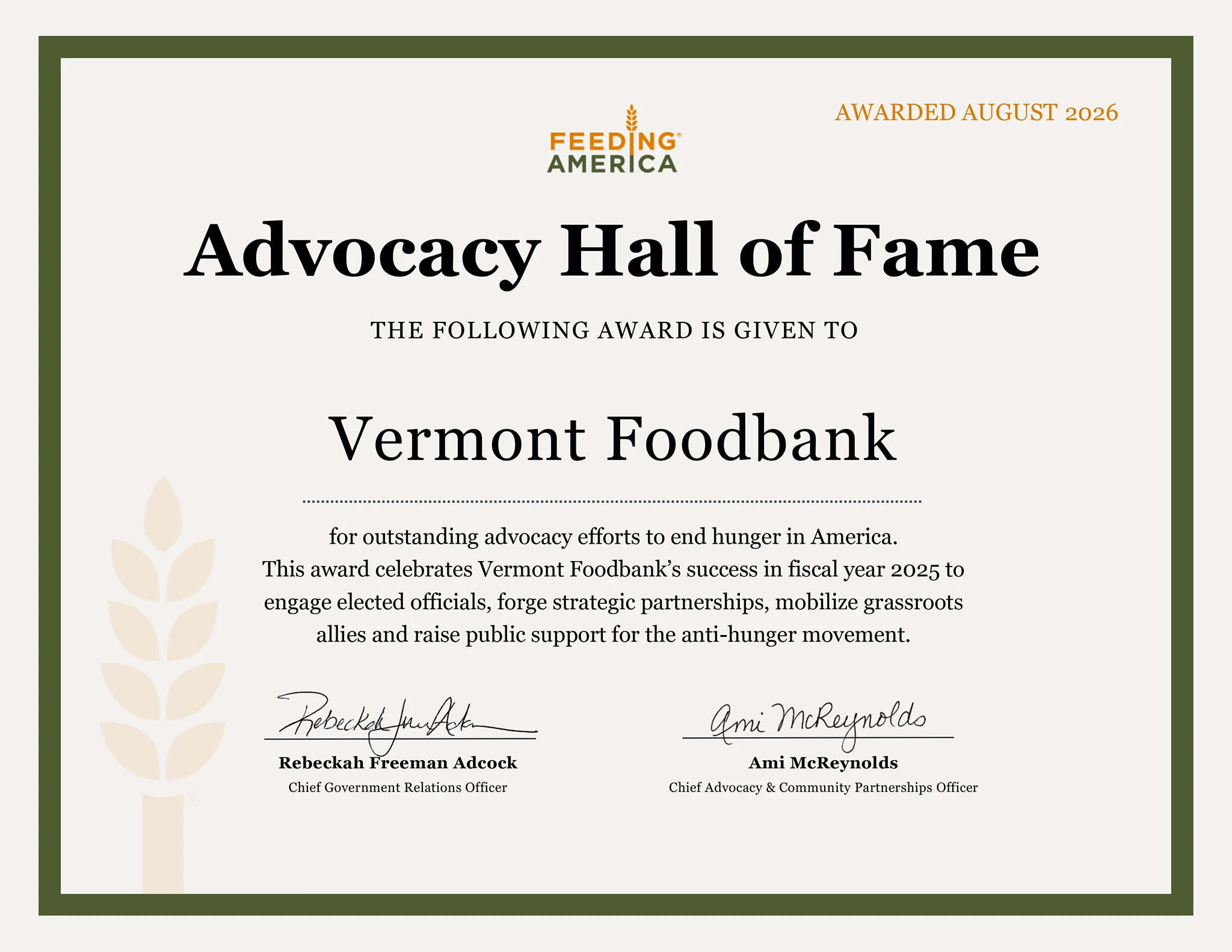 Vermont Foodbank has been given Feeding America's Advocacy Hall of Fame award.